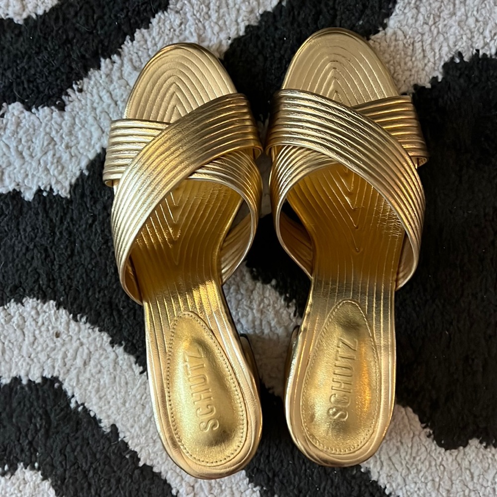 SCHUTZ METALLIC GOLD HEELED SANDALS